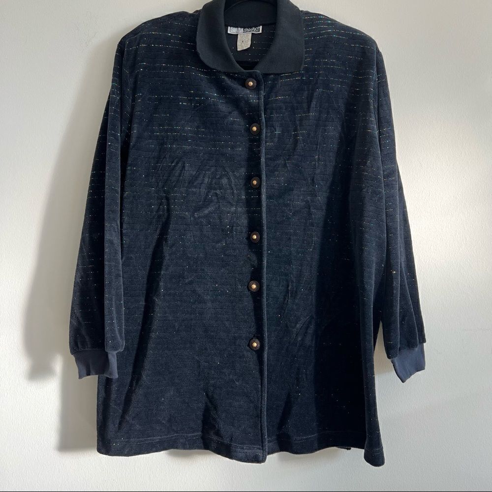 Vintage Black Velvet Iridescent Thread Button Up Shacket Size 1X